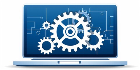 Aufkleber - Laptop Computer Featuring a Prominent Gear Icon on a Clean White Background, Symbolizing the Intersection of Technological Innovation and Mechanical Precision in the Digital Era