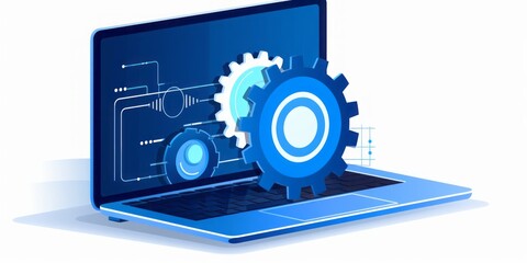Aufkleber - Laptop Computer Featuring a Prominent Gear Icon on a Clean White Background, Symbolizing the Intersection of Technological Innovation and Mechanical Precision in the Digital Era