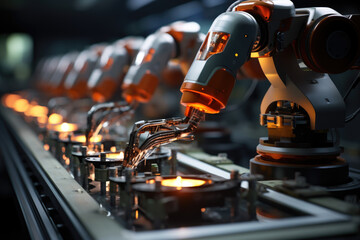 Poster - A robotic assembly line in an electronics manufacturing plant. Generative Ai.