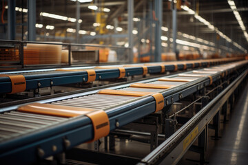 Poster - automated conveyor belts transporting goods in a distribution center. generative ai.