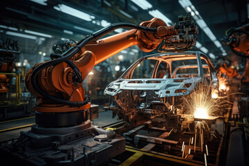 Poster - Industrial robots welding car chassis on an automotive assembly line. Generative Ai.