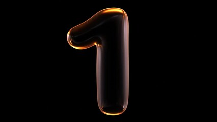 Poster - Seamless animation of glowing number 1 with light and reflections isolated on black background in 3d rendering.