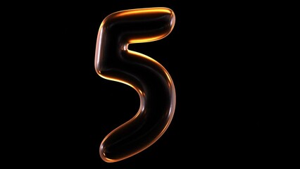 Poster - Seamless animation of glowing number 5 with light and reflections isolated on black background in 3d rendering.