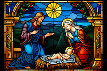 A Nativity Scene In Stained Glass Window