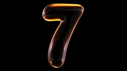 Poster - Seamless animation of glowing number 7 with light and reflections isolated on black background in 3d rendering.