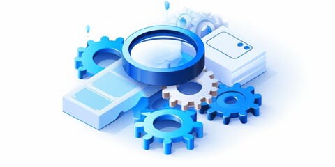 Aufkleber - Magnifying Icon with Gears Positioned at the Center, Set Against a Clean White Background, Symbolizing the Intersection of Technology, Precision, and Visual Exploration in a Transparent Concept