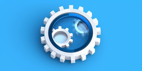 Aufkleber - Magnifying Icon with Gears Positioned at the Center, Set Against a Clean White Background, Symbolizing the Intersection of Technology, Precision, and Visual Exploration in a Transparent Concept