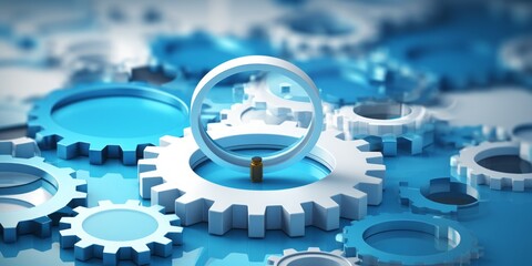 Aufkleber - Magnifying Icon with Gears Positioned at the Center, Set Against a Clean White Background, Symbolizing the Intersection of Technology, Precision, and Visual Exploration in a Transparent Concept