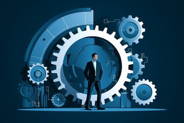 Aufkleber - 2D Image Icon Depicting a Man Standing on a Gear Wheel, Symbolizing the Symbiotic Relationship Between Human Workforce and Mechanical Efficiency