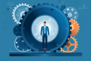 Aufkleber - 2D Image Icon Depicting a Man Standing on a Gear Wheel, Symbolizing the Symbiotic Relationship Between Human Workforce and Mechanical Efficiency