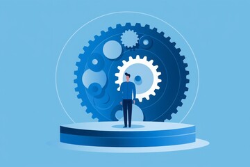 Aufkleber - 2D Image Icon Depicting a Man Standing on a Gear Wheel, Symbolizing the Symbiotic Relationship Between Human Workforce and Mechanical Efficiency