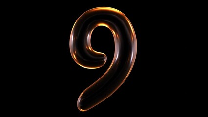 Poster - Seamless animation of glowing number 9 with light and reflections isolated on black background in 3d rendering.