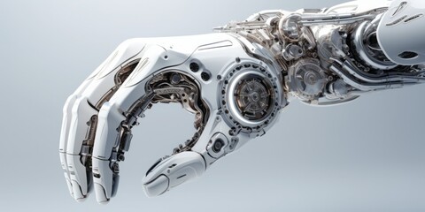 Leinwandbilder - Robotic Hand, an Epitome of Mechanical Precision and Technological Advancement, Firmly Holds a Gear, Showcasing the Intersection of Robotics, Engineering, and Automation