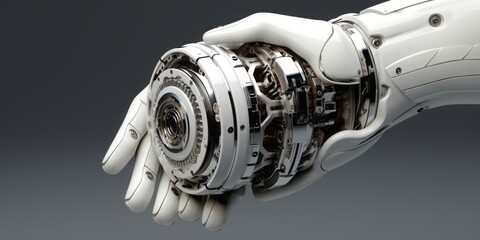 Leinwandbilder - Robotic Hand, an Epitome of Mechanical Precision and Technological Advancement, Firmly Holds a Gear, Showcasing the Intersection of Robotics, Engineering, and Automation