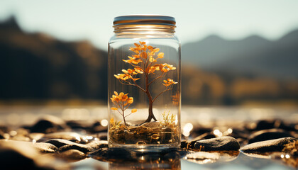 Wall Mural - A refreshing glass of water on a wooden table outdoors generated by AI