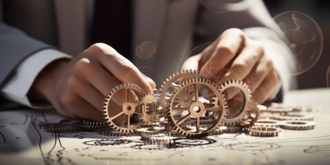 Aufkleber - Businessman Engages in Creative Design, Drawing Gears on His Hand, Demonstrating Innovation and Forward-Thinking as He Ponders Conceptualization and Strategy in the World of Business and Technology