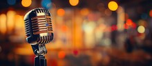 Vintage Microphone On Restaurant Stage With Blurred Backdrop