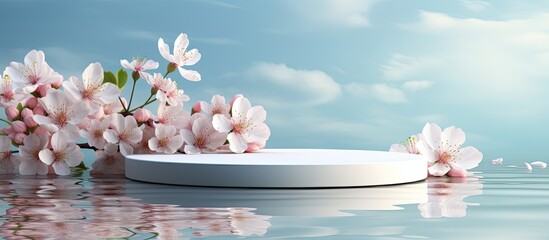 Wall Mural - blue background with white display podium water reflection and blossom flowers