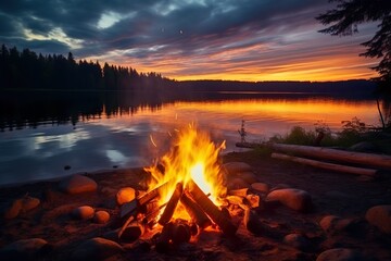 Wall Mural - Glowing campfire by the lake. Sunset with open flames, fire, and logs. Camping on the beach at night. Serene lake landscape | Generative AI