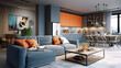 Modern living room with kitchen orange colors.