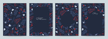 Vertical Holiday Cards In Blue Tones. Merry Christmas, Holiday Templates With Ornate Christmas Ornament, Floral Background. Suitable For Fabric, Cards, Invitations, Background, Menu.