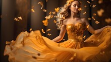 Young Woman Dancing In Autumn Colors Dress And Flying Golden Leaves.