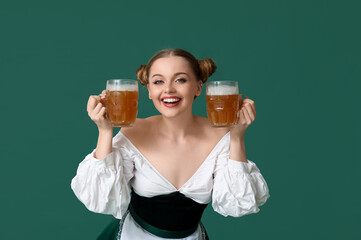 Poster - Beautiful Octoberfest waitress with beer on green background