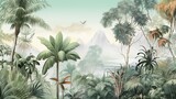 Fototapeta Natura - Tropical Exotic Landscape Wallpaper. Hand Drawn Design. Luxury Wall Mural
