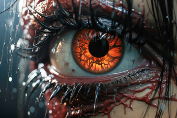 close-up of a red eye, red veins all around, it's raining, halloween scene, scary, horror