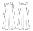 Vector maxi bohemian dress fashion CAD, woman flared off shoulder long dress technical drawing, template, sketch, flat, mock up. Jersey or woven fabric 2 pcs dress with front view, white color