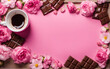 Cozy background with a cup of hot chocolate drink and pieces of natural chocolate in pink color
