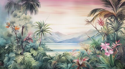  Tropical Exotic Landscape Wallpaper. Hand Drawn Design. Luxury Wall Mural