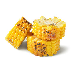 Cut tasty grilled corn cob on white background