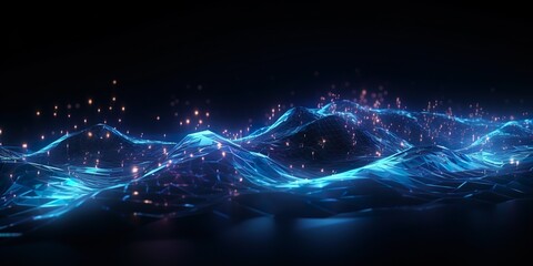 Wall Mural - Cyber big data flow. Blockchain data fields. Network line connect stream. Concept of technology, digital communication, science research, 3D illustration music waves | Generative AI