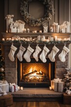 Cozy Fireplace With Stockings And Decorations