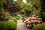 Fototapeta Lawenda - Verdant Pathways: A Tranquil Garden Retreat Blooms with Hydrangeas and Flowering Trees, ai genrative
