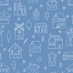 Wall Mural - Seamless pattern with hand drawn houses. Buildings. Doodle style. Texture for fabric, textile, wrapping, wallpaper