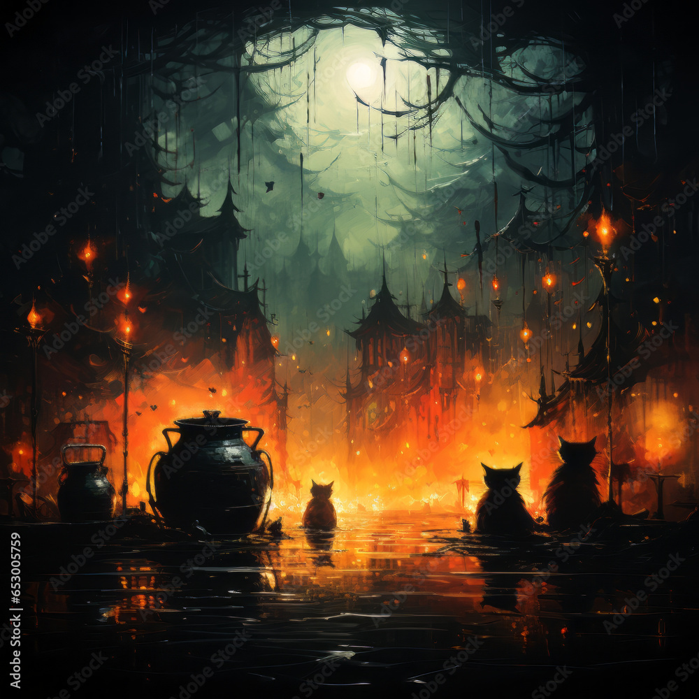 In the style of a witches' coven, amidst a misty forest, black cats