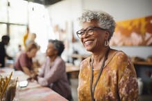 Smiling Senior Black Woman At The Art Lesson