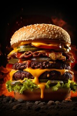 Wall Mural - Product photo, Realistic, cinematic light, most delicious huge burger, dark background | Generative AI