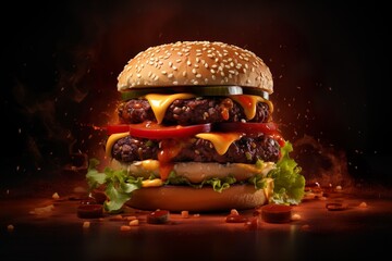 Wall Mural - Product photo, Realistic, cinematic light, most delicious huge burger, dark background | Generative AI