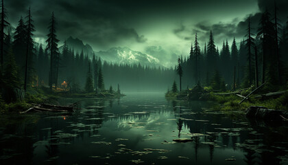 Wall Mural - Tranquil scene: nature beauty reflected in the peaceful forest pond generated by AI