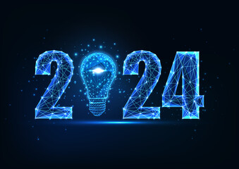 Wall Mural - Happy 2024 New Year digital web banner template with futuristic polygonal 2023 number and light bulb