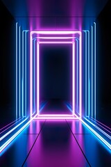 Wall Mural - 3d render, abstract background with pink blue neon glowing light inside empty room. Futuristic energetic technology concept. Performance stage design. Led lamp panel | Generative AI