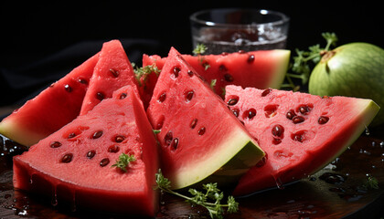 Poster - Freshness of summer: juicy watermelon slice, a healthy, sweet, refreshing snack generated by AI