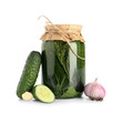 Jar with canned cucumbers and fresh vegetables on white background