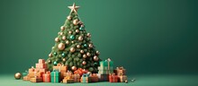 Christmas Online Shopping Concept With A Minimal Mock Up Background Comprised Of A Christmas Tree Created Out Of Parcels And A Shopping Cart All Set Against A Green Backdrop This Rendere