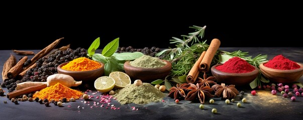 Wall Mural - Colorful herbs and spices for cooking. Indian spices. On a black stone background | Generative AI