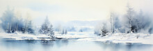 Snowy Winter Landscape. Misty Forest And Frozen Lake. Watercolor Painting.