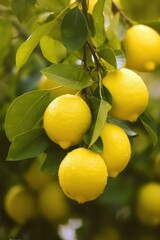 Wall Mural - Beautiful fresh lemons growing on a tree with green leaves. Generative AI